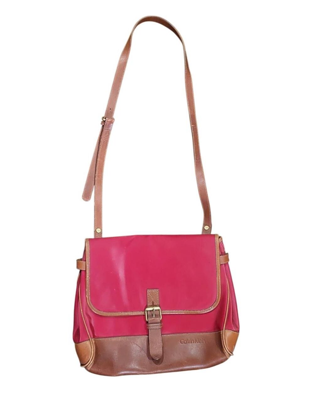 Vintage Y2K Calvin Klein Bag Red Tan Messenger Crossbody Nylon Leather